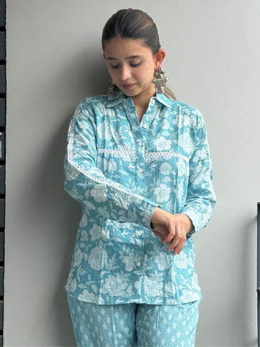 Blue Pure Cotton Flower Detailing Co-ord Set