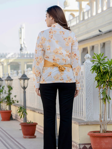 Mustard Cotton Floral Shirt With Bow