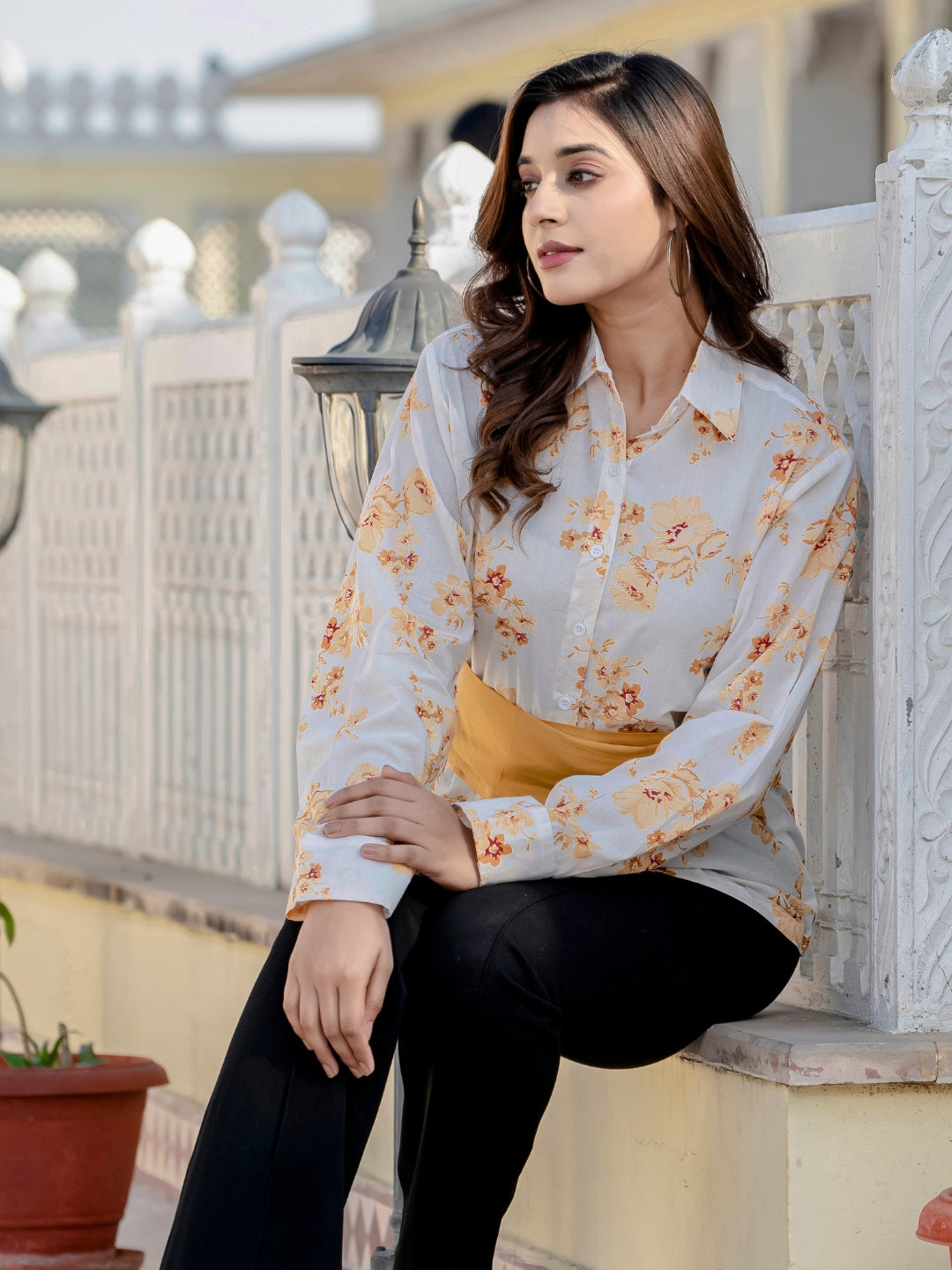 Mustard Cotton Floral Shirt With Bow