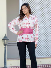 Mauve Pink Cotton Floral Shirt With Bow