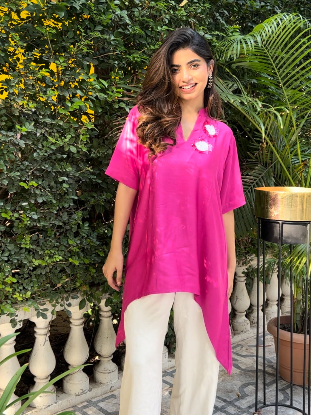 Pink Modal Shirt With Sequence Flower Detailing