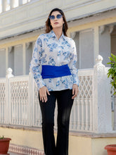 Blue Cotton Floral Shirt With Bow
