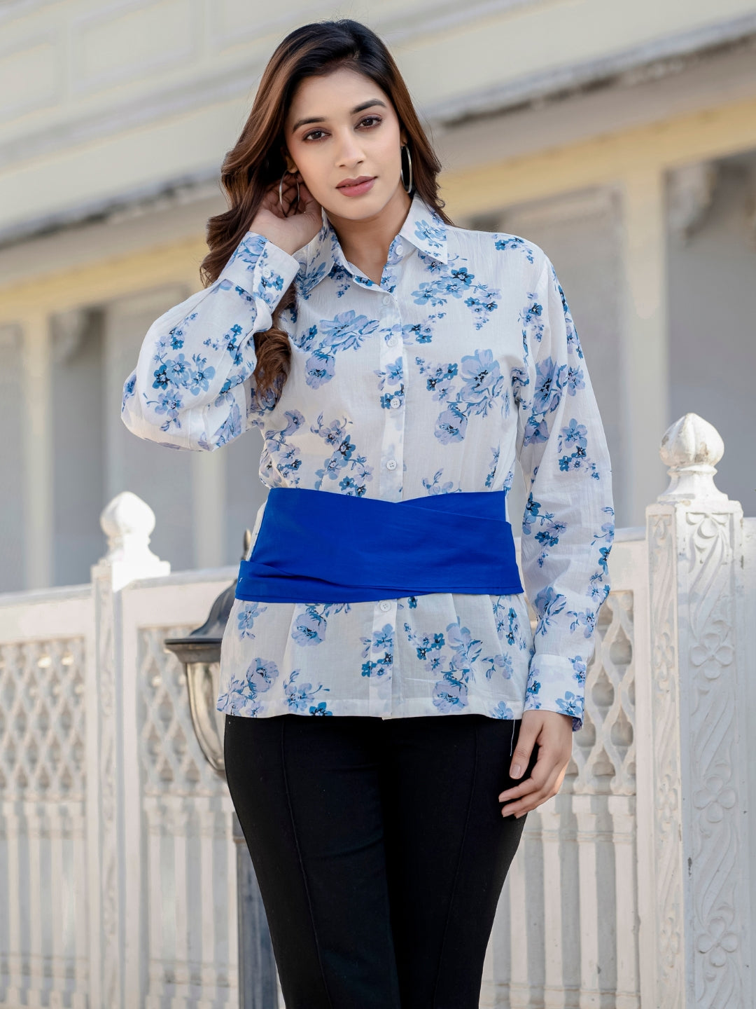 Blue Cotton Floral Shirt With Bow