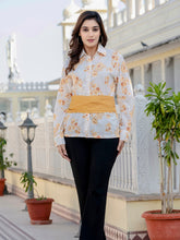 Mustard Cotton Floral Shirt With Bow