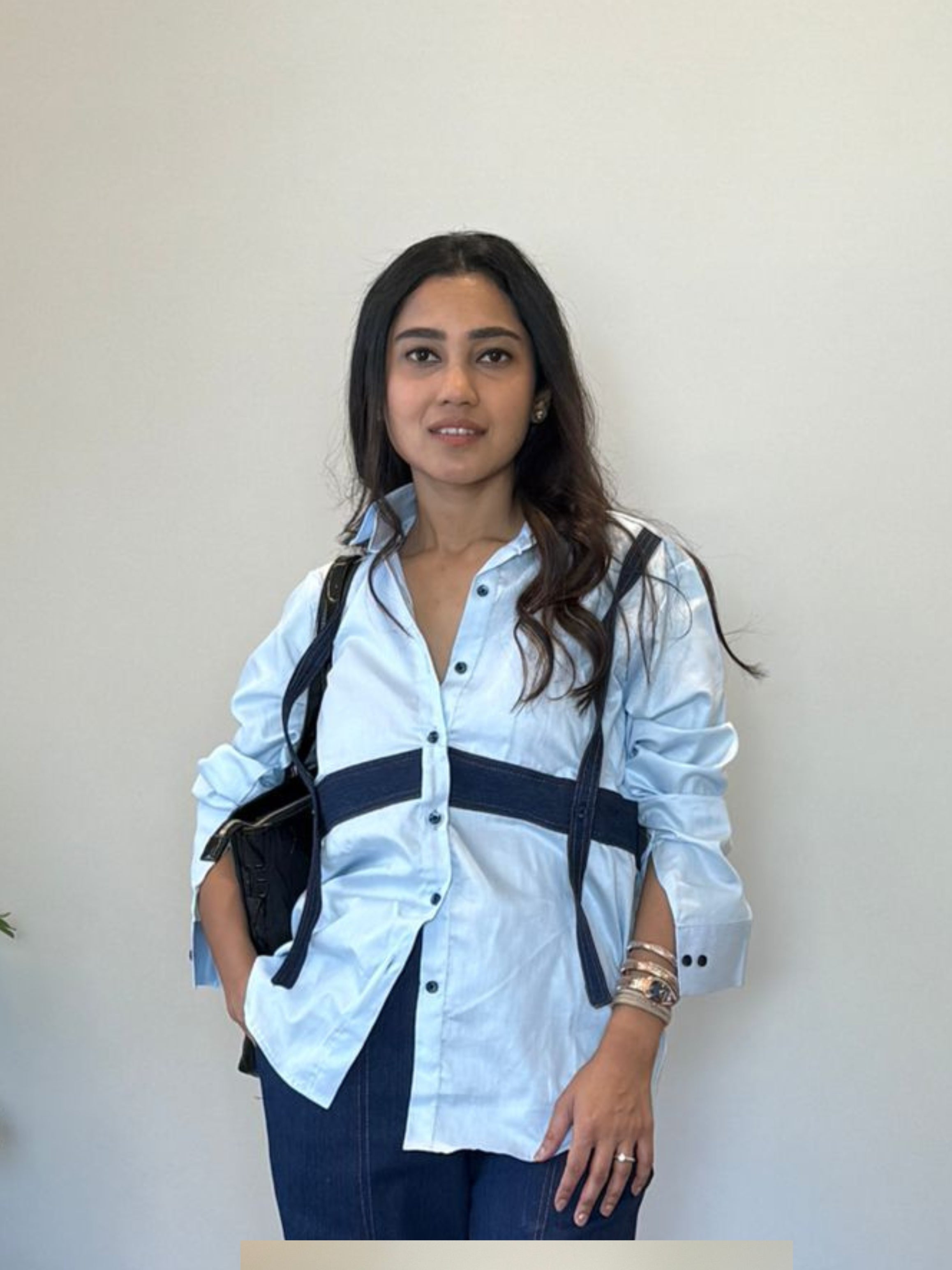 Blue Contrast Panel Cotton Shirt