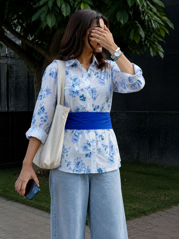 Blue Cotton Floral Shirt With Bow