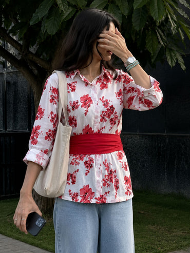 Red Cotton Floral Shirt With Bow