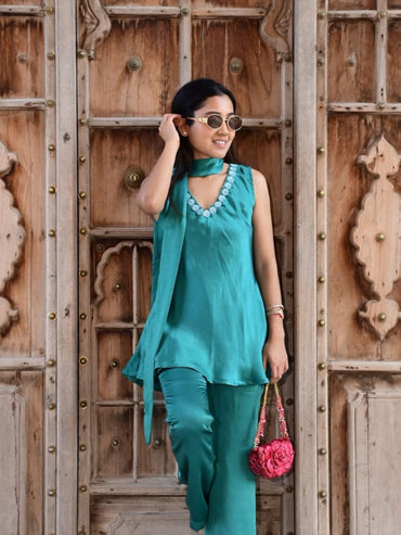 Teal Scarf-Neck Co-ord Set