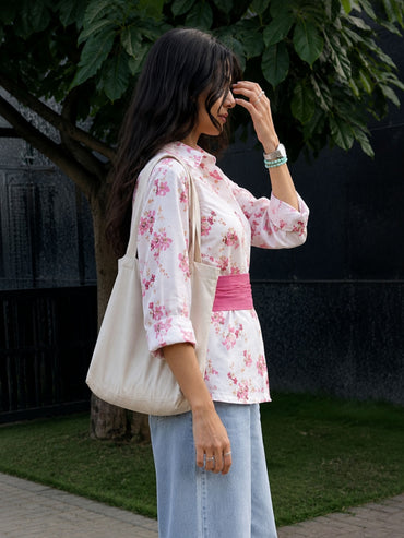 Mauve Pink Cotton Floral Shirt With Bow