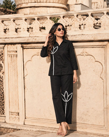 Black Italian Cotton Co-ord Set With Lace detailing