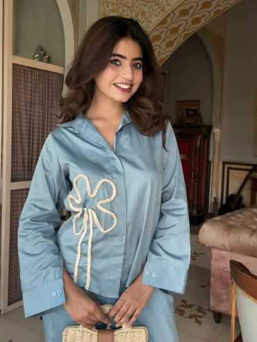 Blue Italian Cotton Co-ord Set With Lace detaling