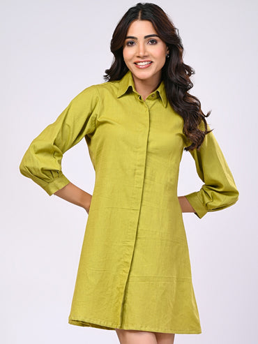 Cotton Linen Green Short Dress