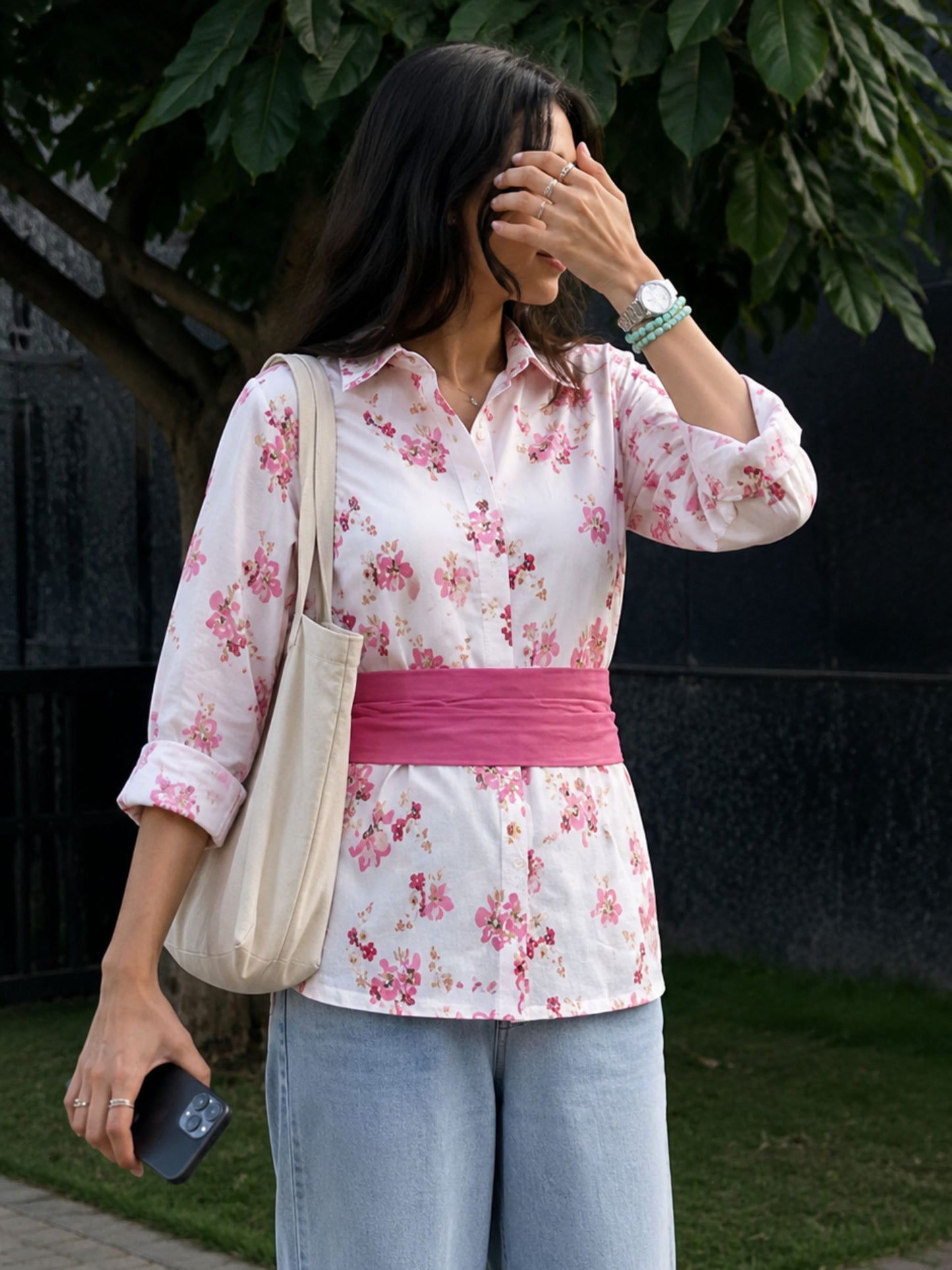Mauve Pink Cotton Floral Shirt With Bow