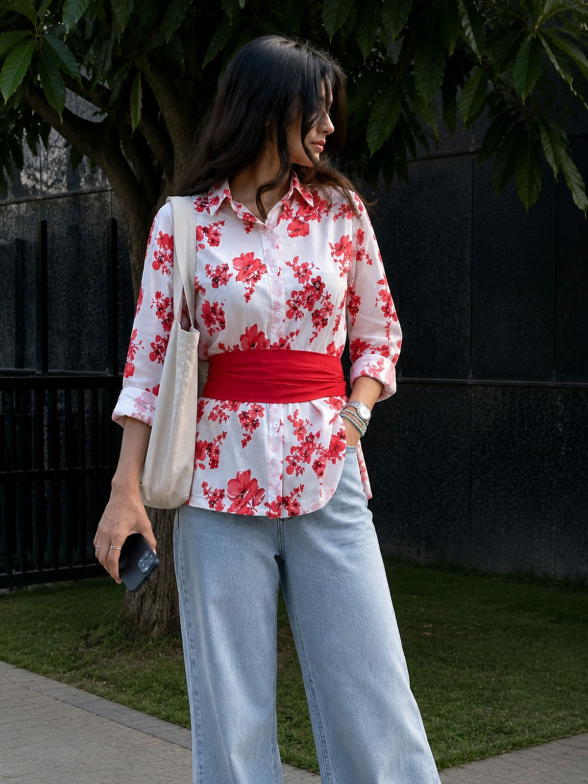 Red Cotton Floral Shirt With Bow