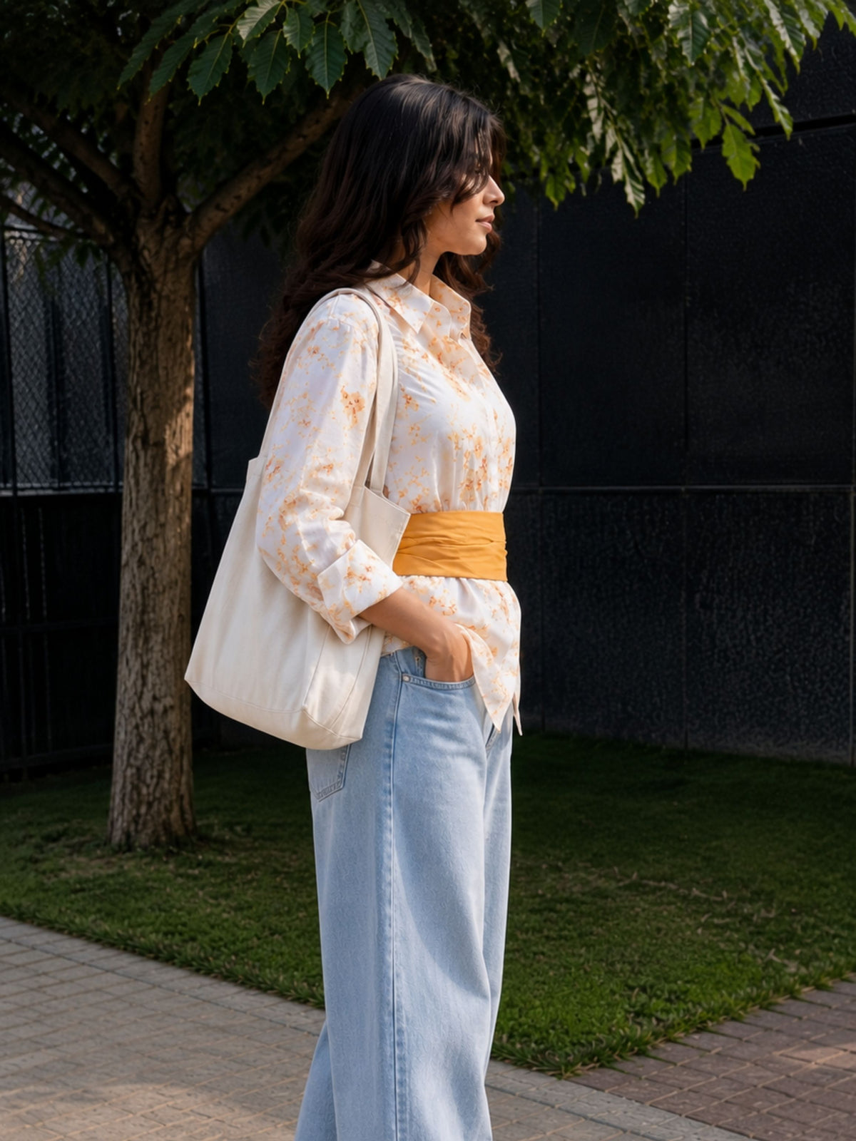 Mustard Cotton Floral Shirt With Bow