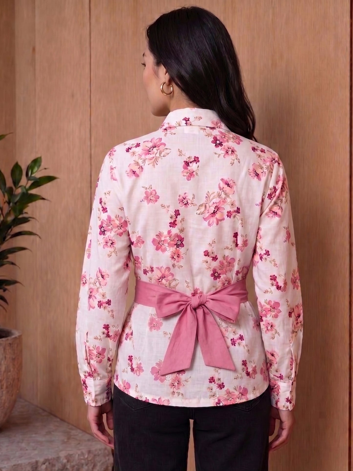 Mauve Pink Cotton Floral Shirt With Bow