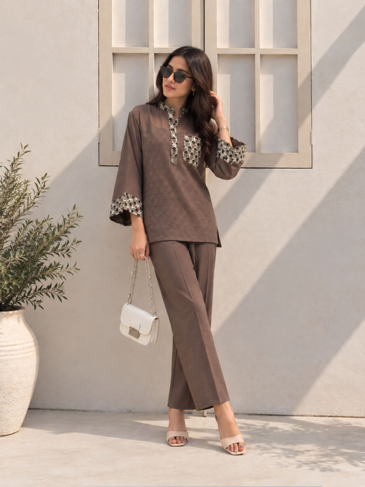 Brown Blossom 3 piece Organza Cor-ord Set