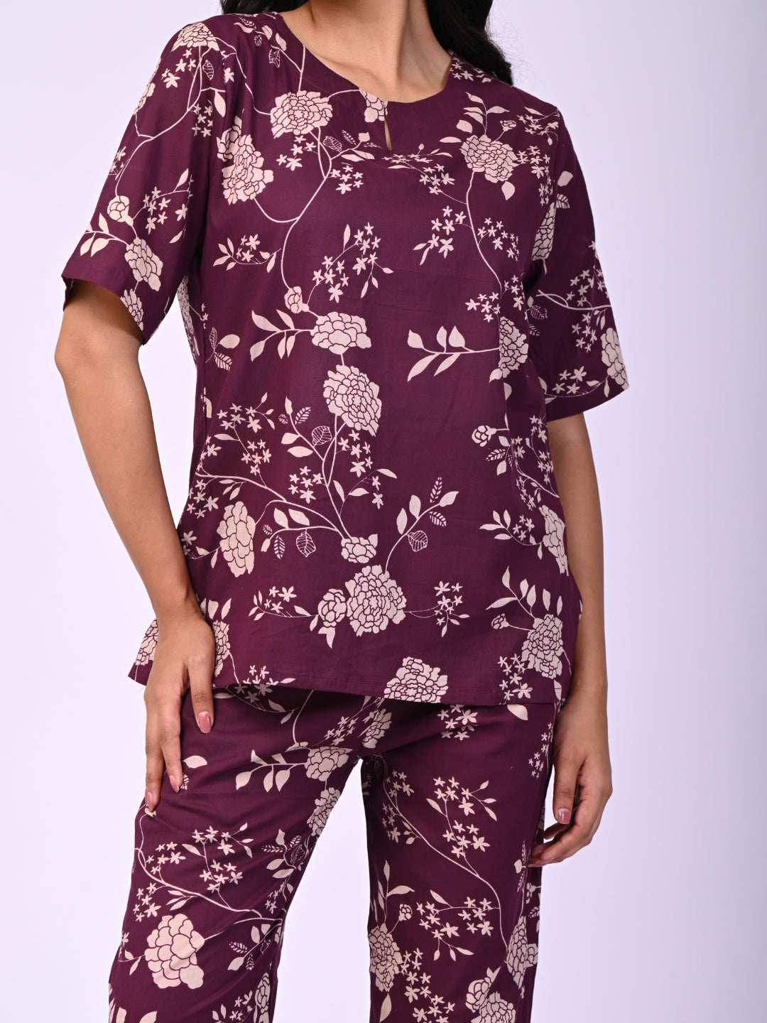 Wine Pure Cotton Floral Printed Co-ord Set