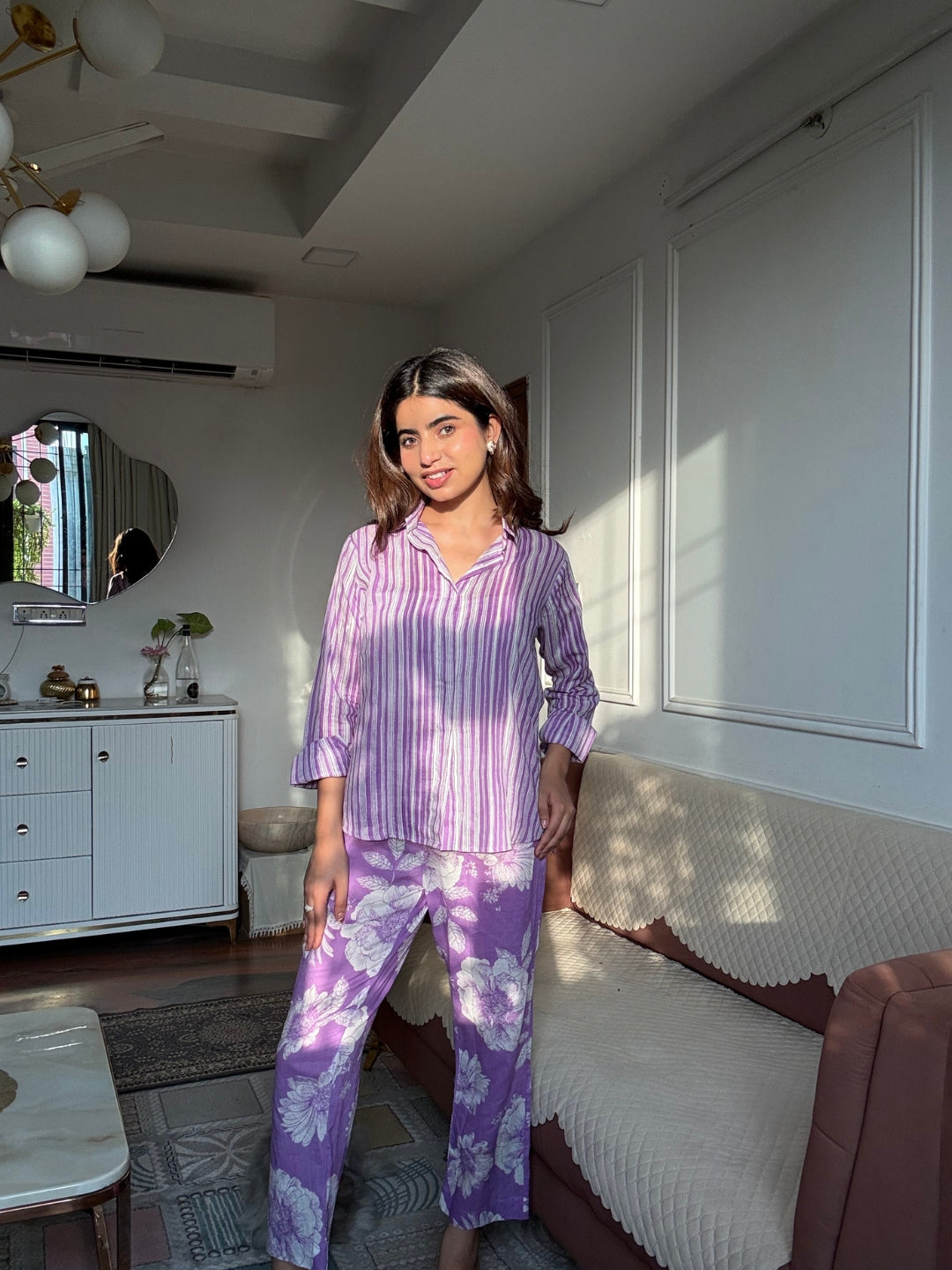 Purple Pure Cotton Floral 3 Pcs Co-ord Set