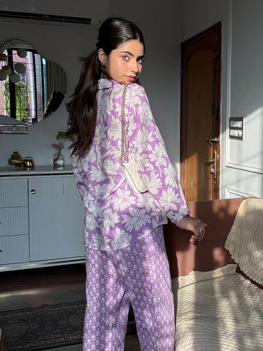 Purple Pure Cotton Floral Printed Co-ord Set