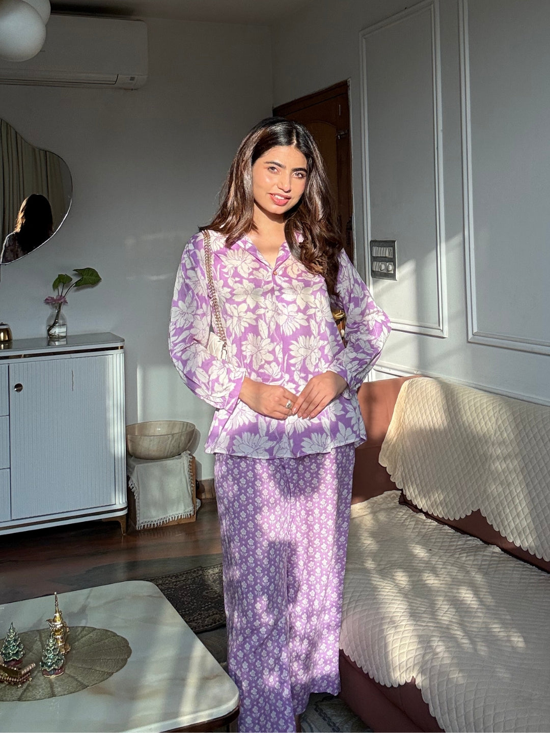 Purple Pure Cotton Floral Printed Co-ord Set