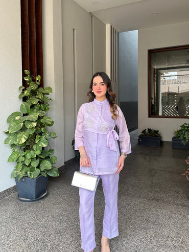 Lilac Summer Silk Co-ord Set With Cutwork Detailing