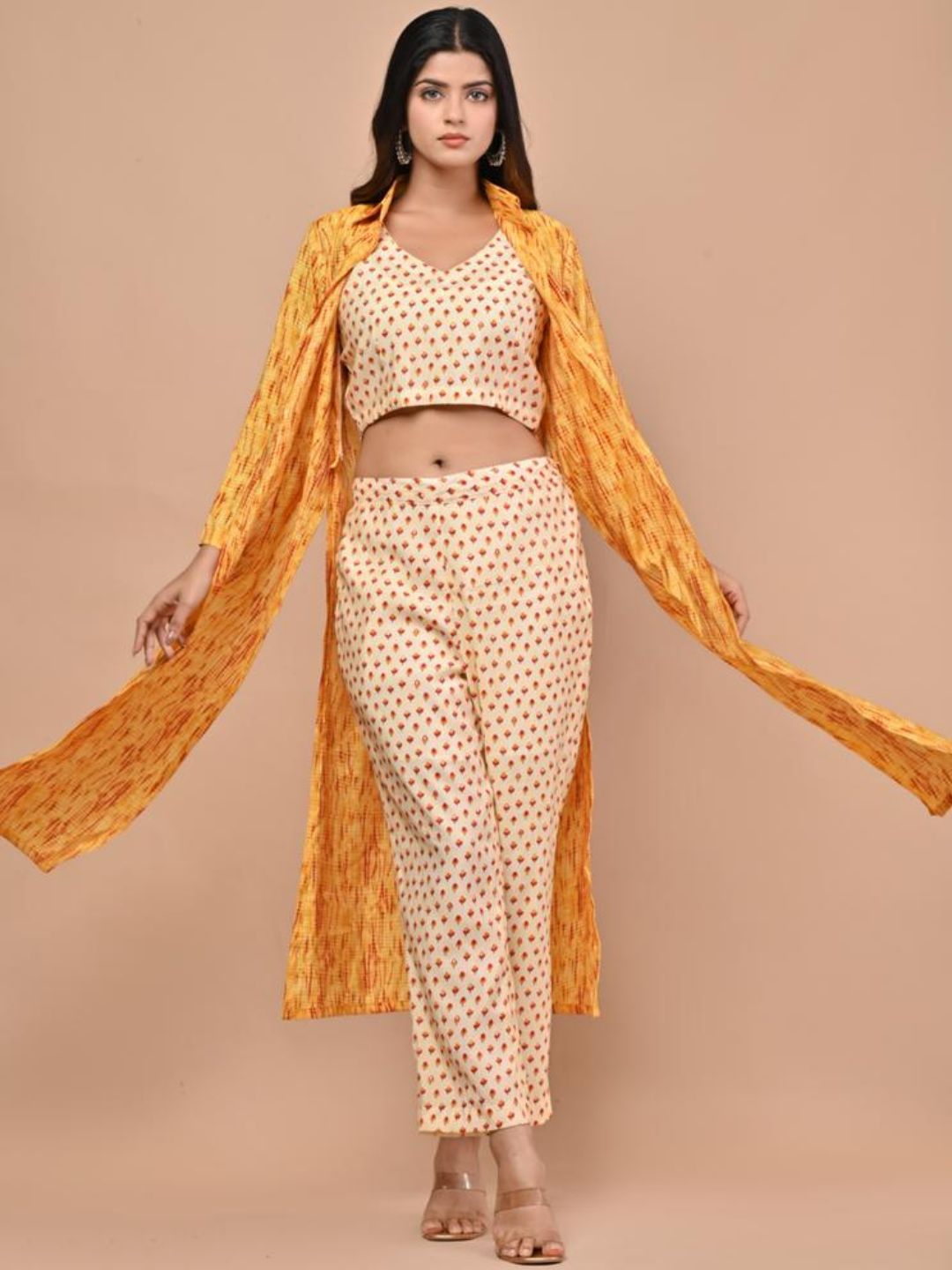 Yellow Shibori Printed Co-ord Set With Shrug
