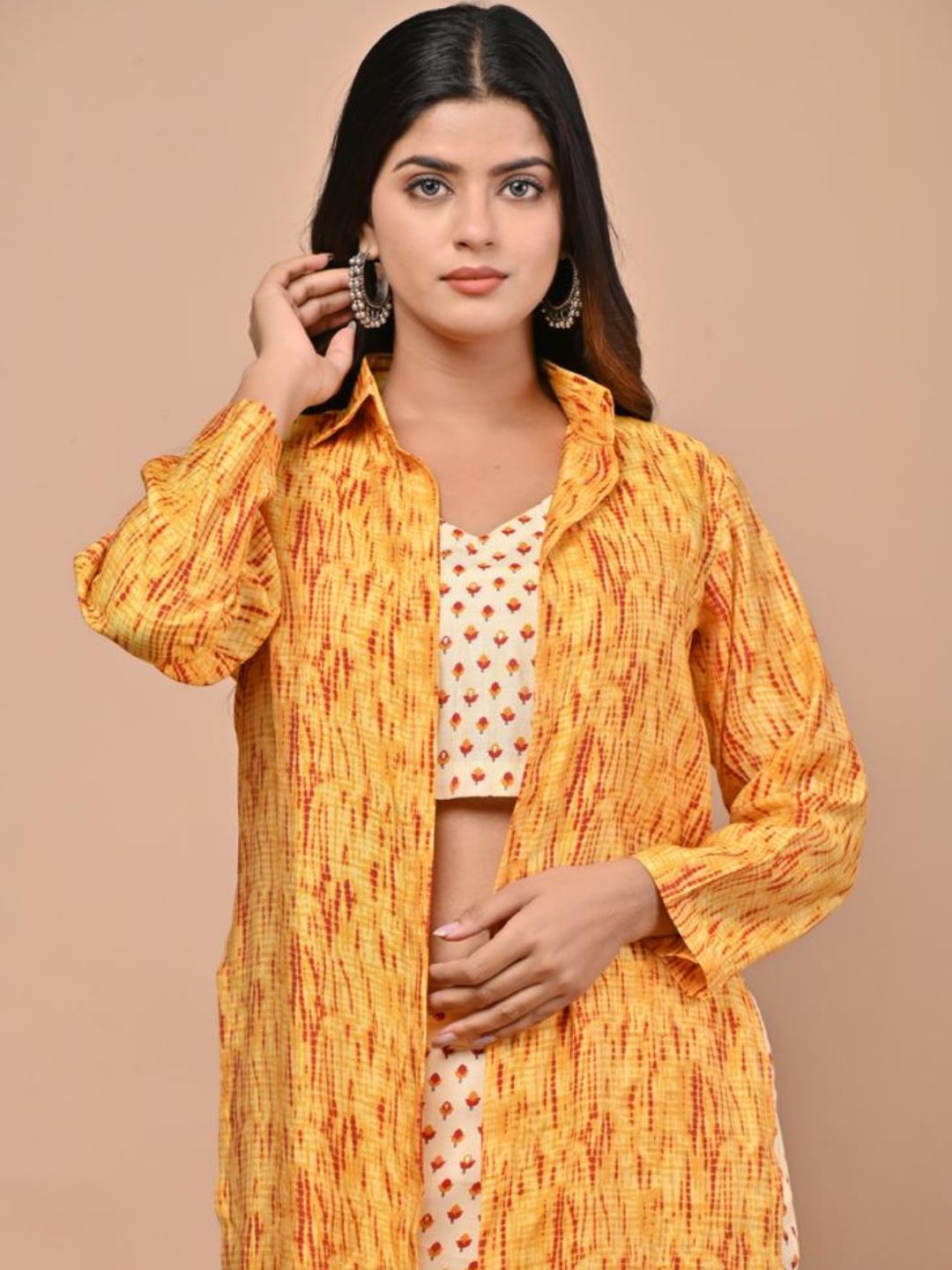 Yellow Shibori Printed Co-ord Set With Shrug
