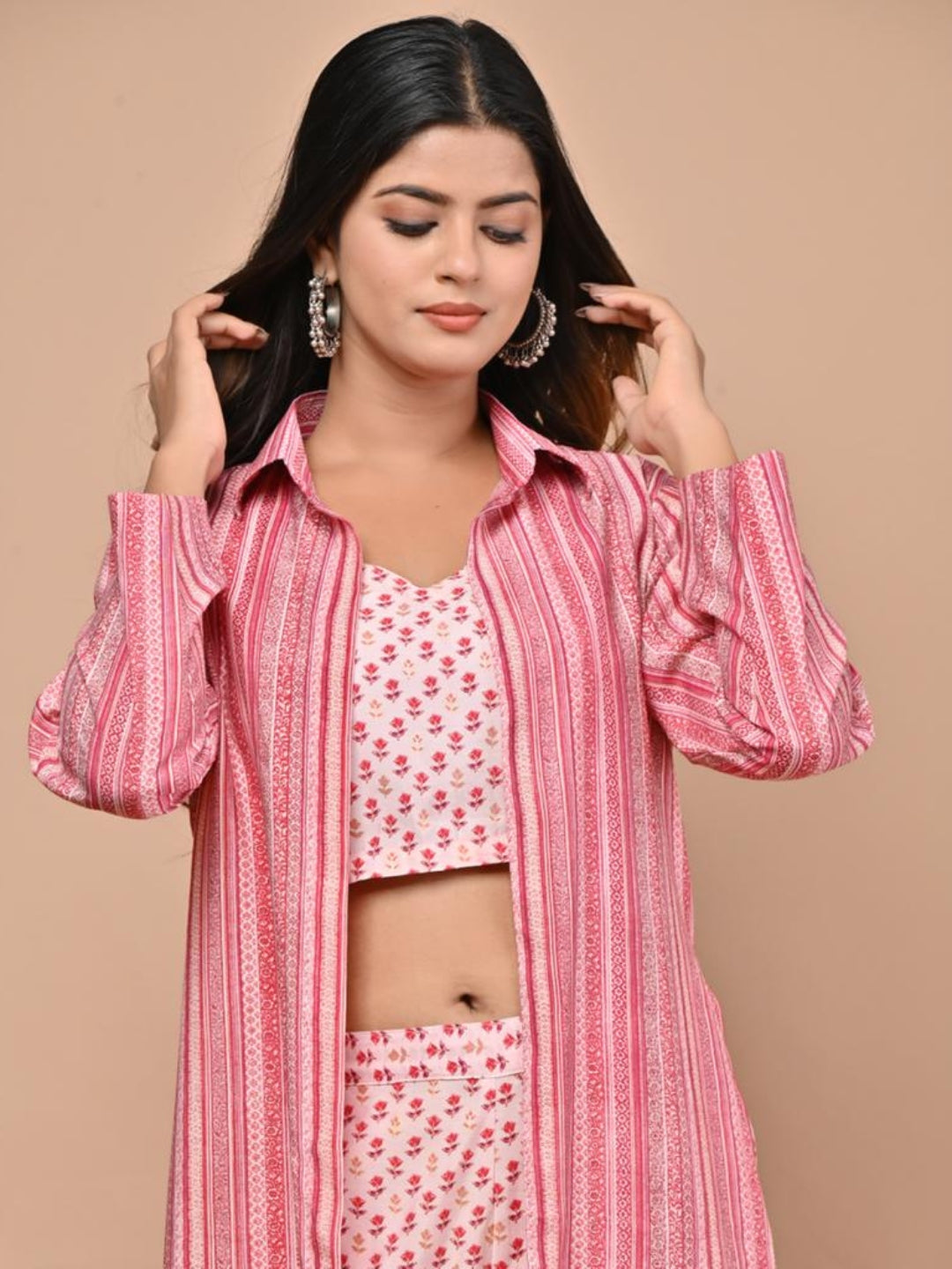 Pink Printed Co-ord Set With Shrug