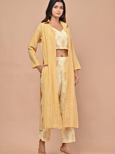 Yellow Printed Co-ord Set With Shrug