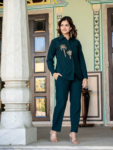 Italian Crepe Bottle Green Palm Tree Co-Ord Set