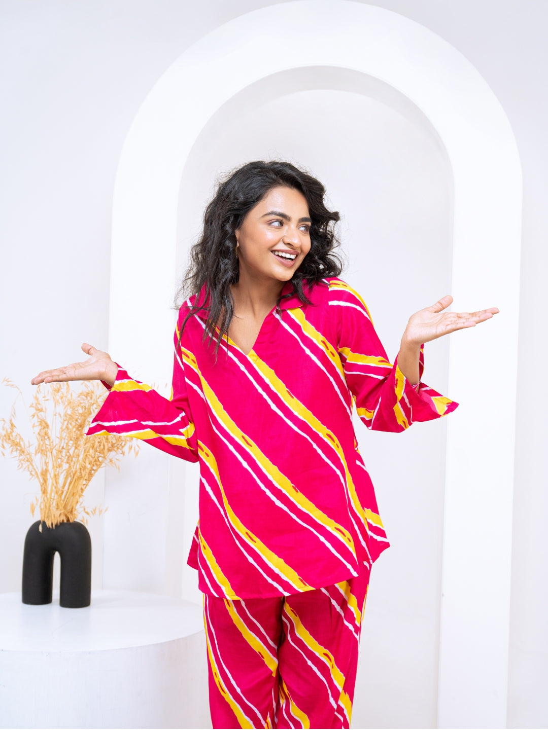 Cotton Silk Pink Laheriya Co-ord Set