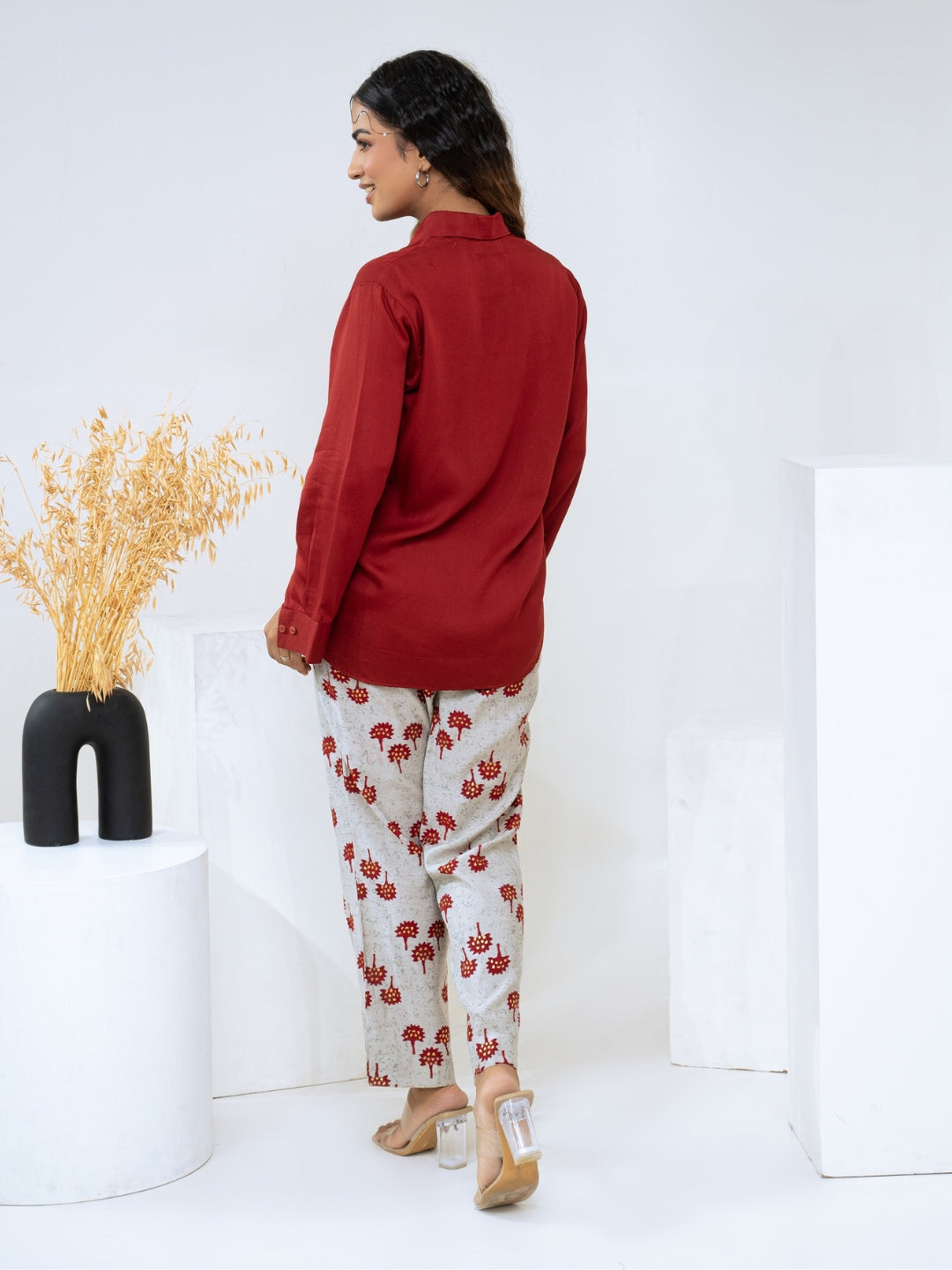 Modal Satin Maroon With Printed Pant Co-ord Set