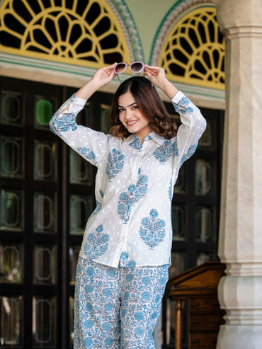 Blue Pure Cotton Floral Printed Co-ord Set