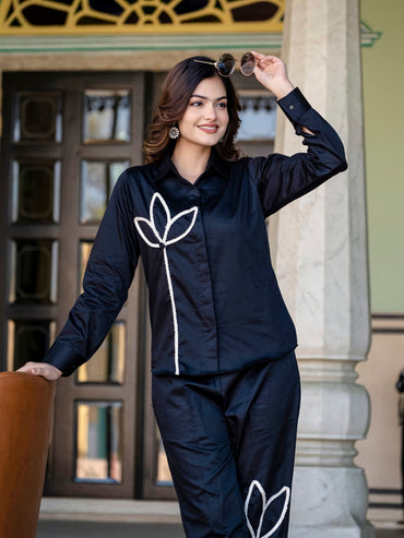 Black Italian Cotton Co-ord Set With Lace detailing