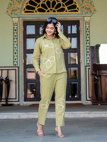 Green Cotton Co-ord Set With Lace detailing