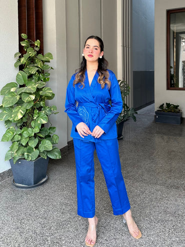 Royal Blue Italian Cotton Blazer Co-ord Set With Embroidery