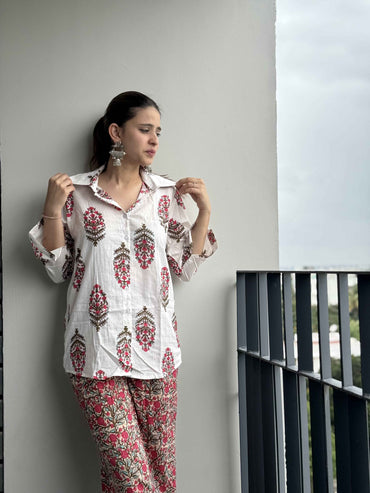 Red Pure Cotton Floral Printed Co-ord Set