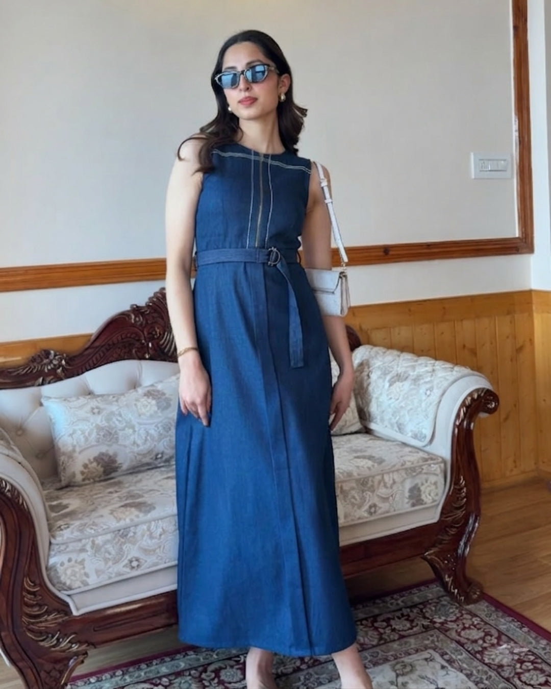 Deep Blue Denim Long Dress With Belt