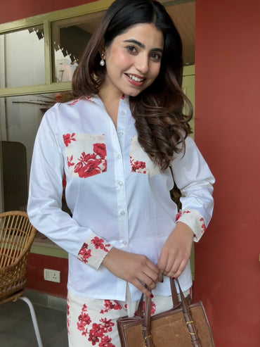 White Pure Cotton Red Flower Detailing Co-ord Set