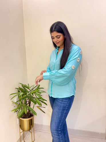 Blue Modal Shirt With Flower Detailing