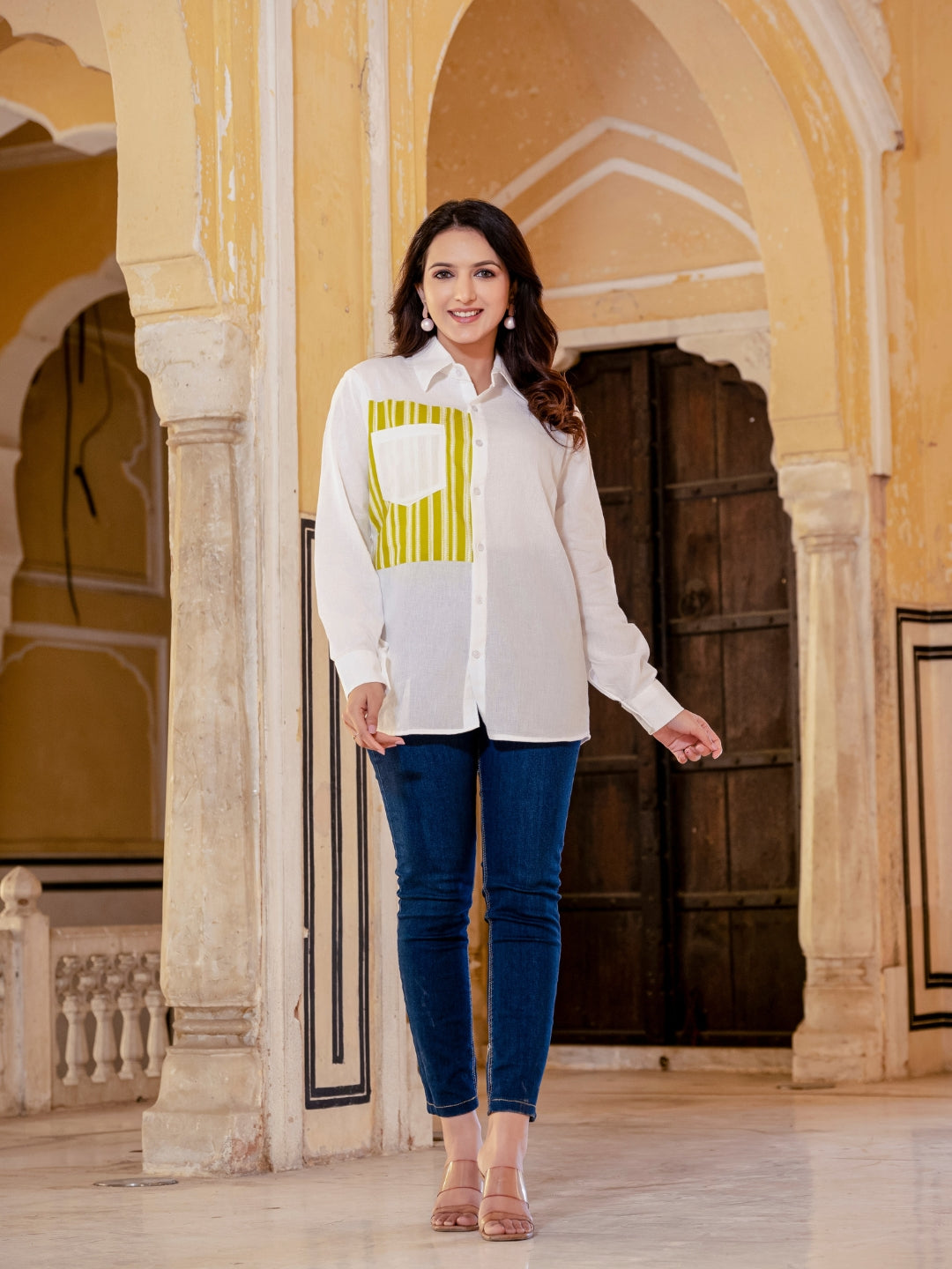 White Cotton Shirt With Yellow Patch Detailing