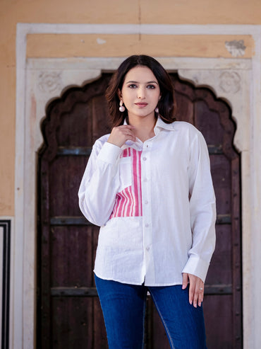 White Cotton Shirt With Pink Patch Detailing