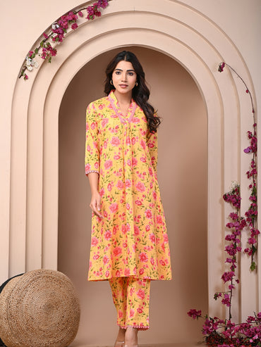 Pure Cotton Printed Yellow Kurti & Pant Set