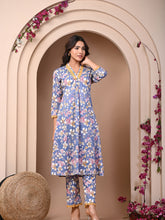 Pure Cotton Printed Greyish Blue Kurti & Pant Set