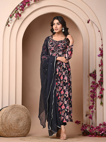 Black 3 Pc Chinnon & Shantoon Padded Suit Set