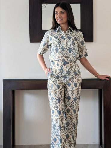 Cream Cotton Ikat Top and Pant Set