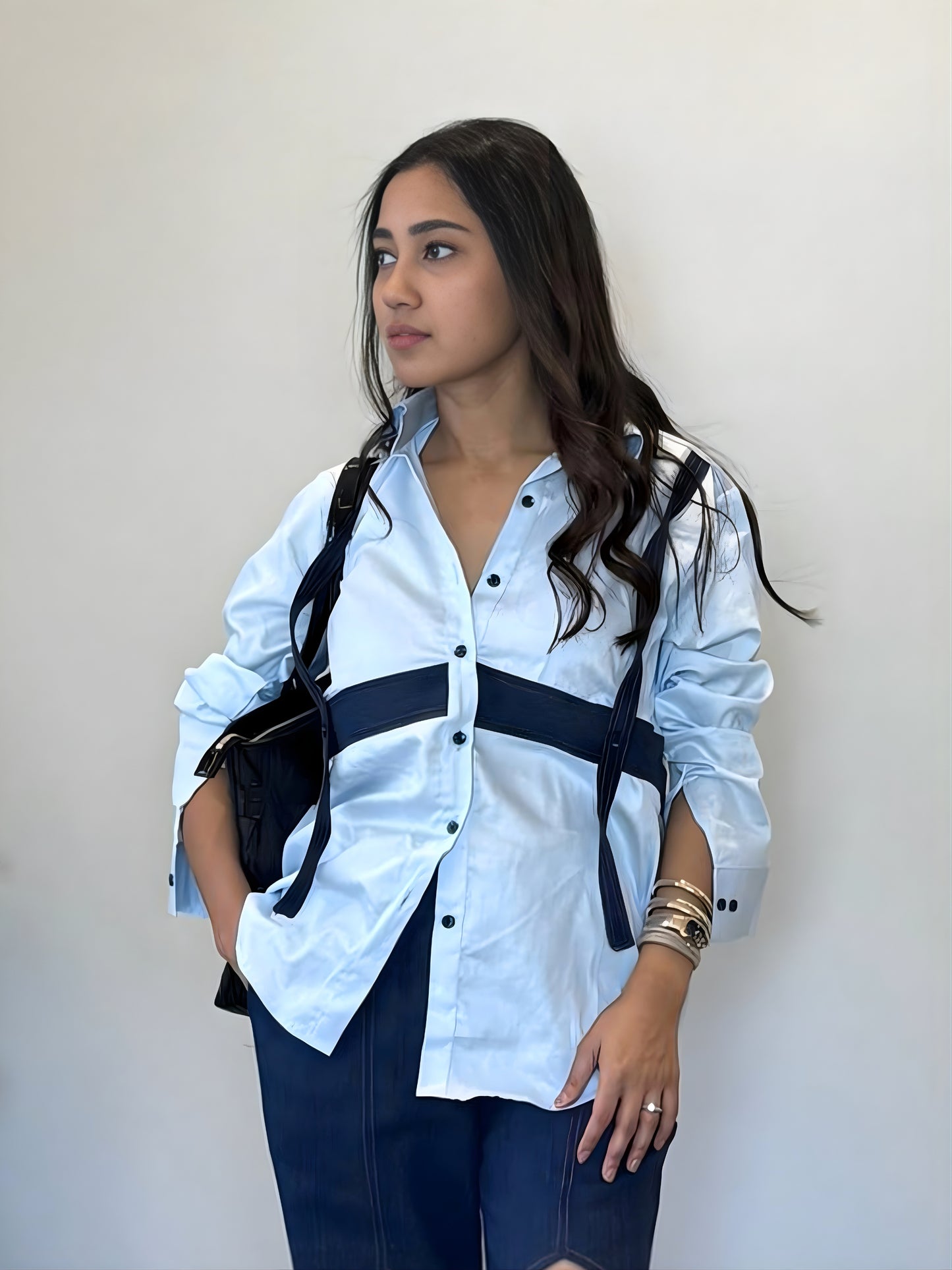 Blue Contrast Panel Cotton Shirt
