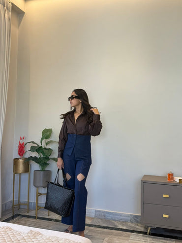 Dual Tone Denim Co-ord Set With Knee Cutouts