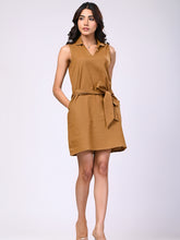 Cotton Linen Brown Short Dress with Belt